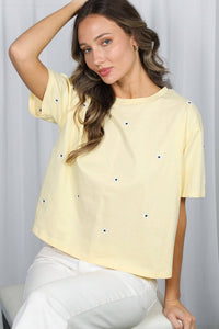 The Daisy Floral Embroidered Cotton Tee: Yellow – Crew Neck Drop Shoulder Casual Top