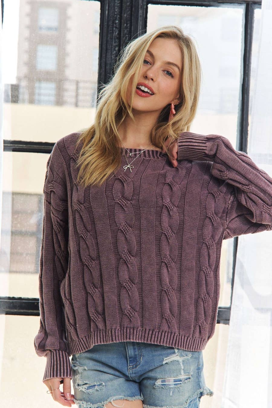 The Darcie Mineral Wash Cable Knit Sweater – Vintage Plum