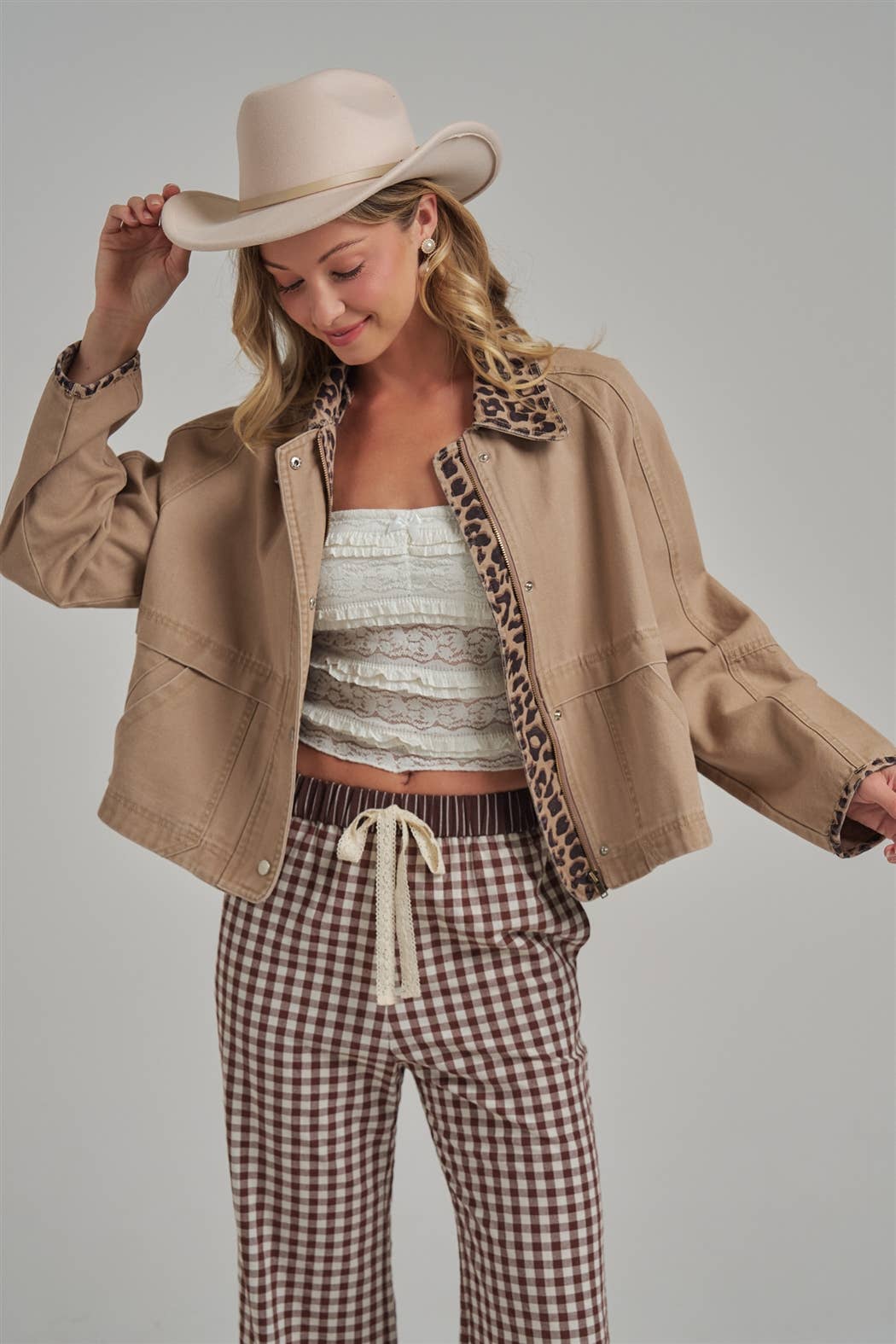 Just a Little Wild Barn Jacket: Taupe/ Leopard