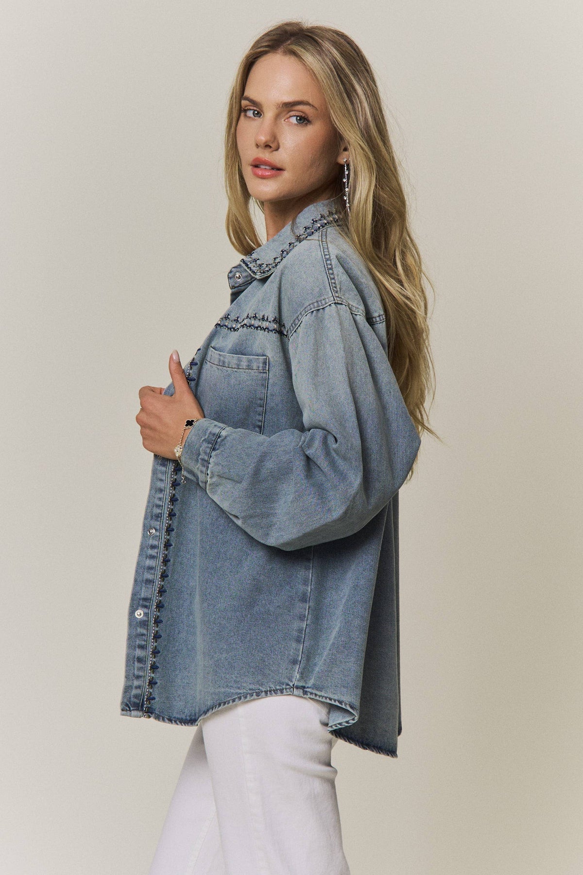 Maren Embroidered Denim Button-Up Shacket: Medium Wash