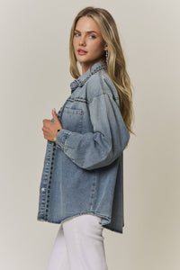 Maren Embroidered Denim Button-Up Shacket: Medium Wash