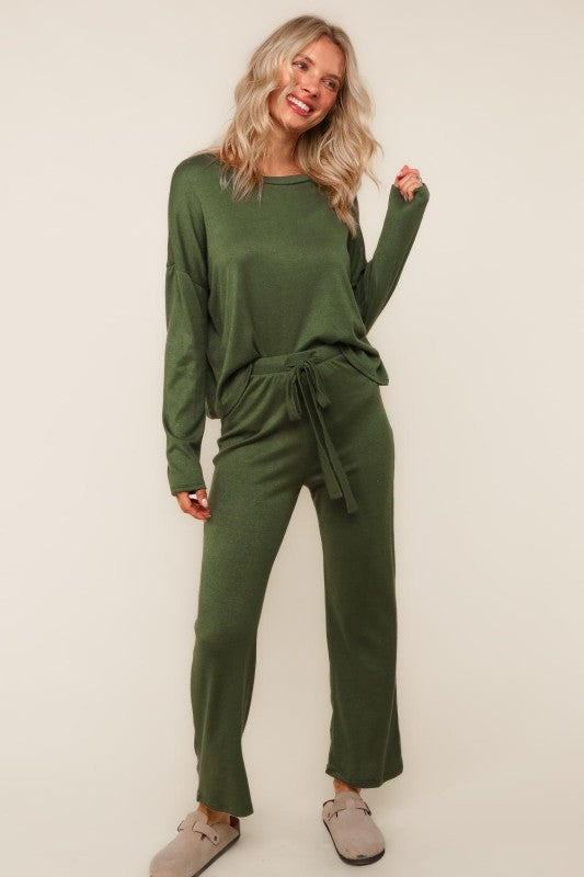 Evergreen Cozy Hacci Lounge Set – Soft Knit Top & Straight-Leg Pant Duo | Northern Belle Boutique