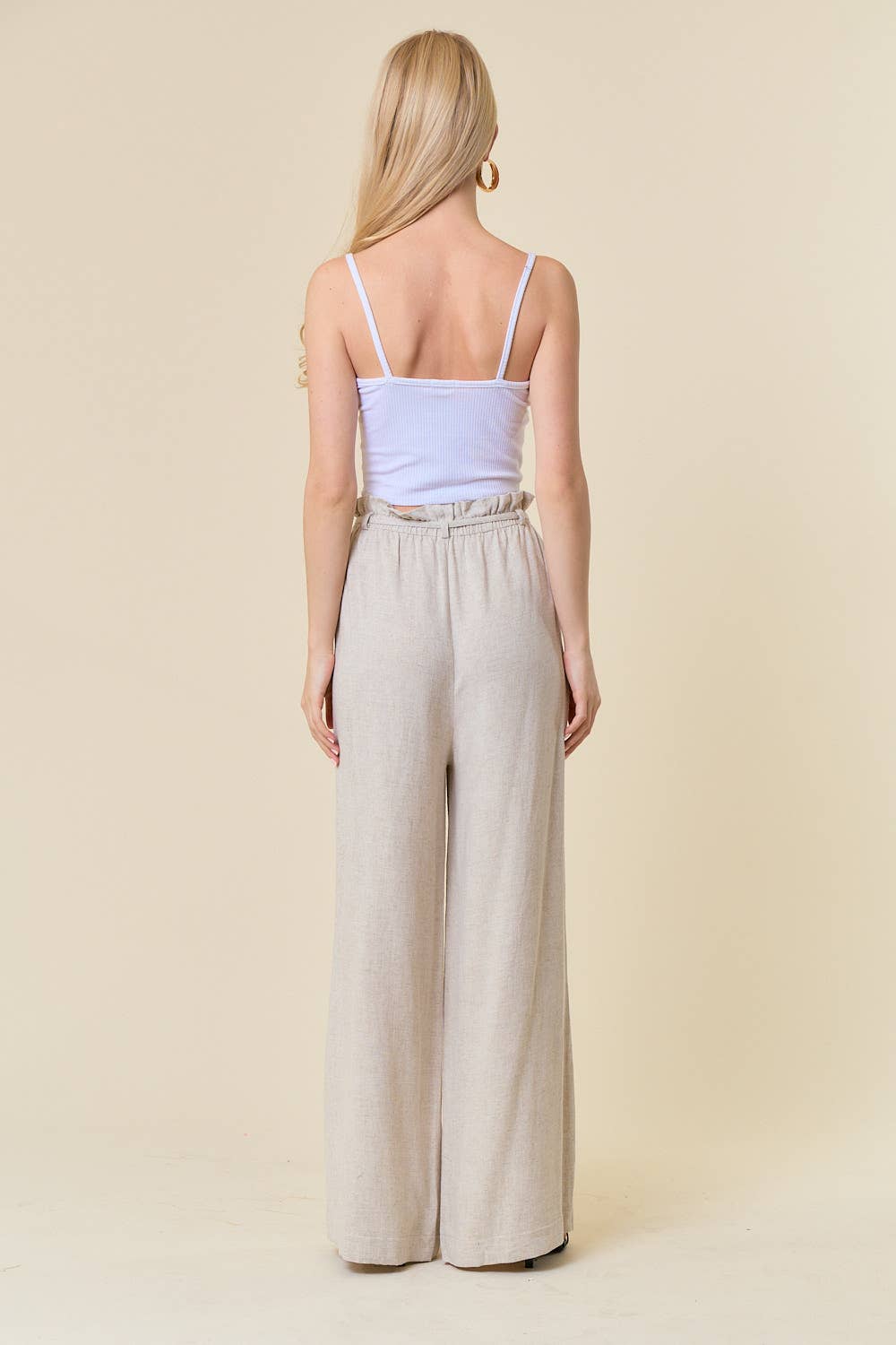 Joan Linen Paper Bag Wide Leg Pants: Natural