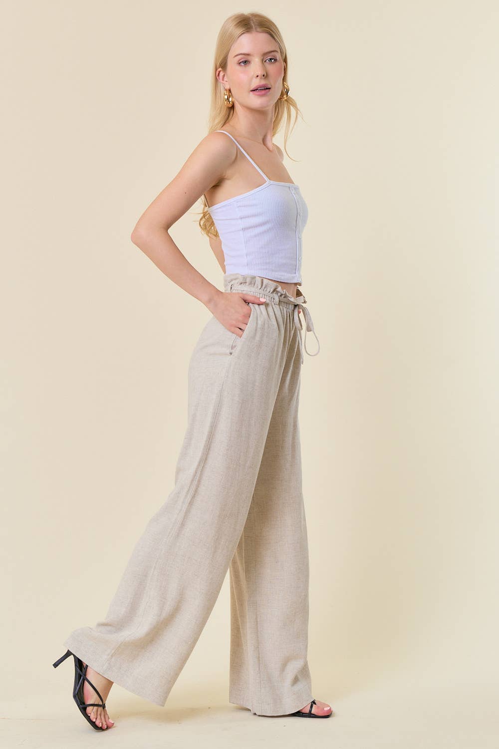 Joan Linen Paper Bag Wide Leg Pants: Natural