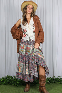 Eyelet Boho Floral Embroidery Patchwork Cotton Vest VT82314: Cream / L
