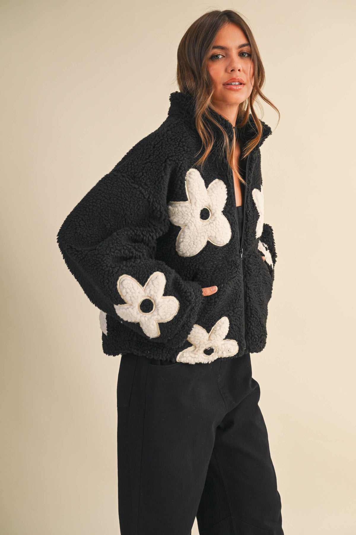 Floral Sherpa Zip Up Jacket: Black – Fully Lined Cozy Fleece with Pockets