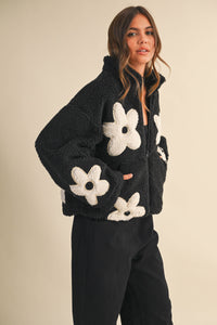 Floral Sherpa Zip Up Jacket: Black – Fully Lined Cozy Fleece with Pockets