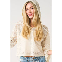 CROCHET LACE BOHO LONG SLEEVE HOODIE TOP: NATURAL / S-M-L(2-2-2)