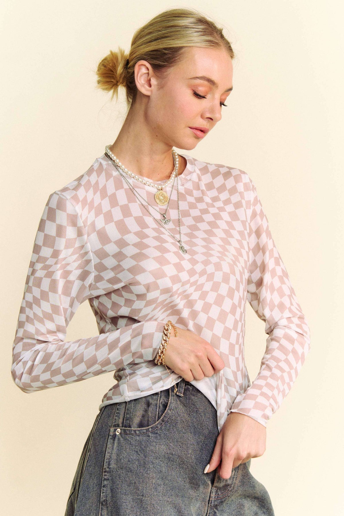 Mavi Neutral Check Mesh Top