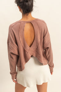 Willow Open Back Textured Knit Sweater Top – Casual Chic Long Sleeve Layering Piece