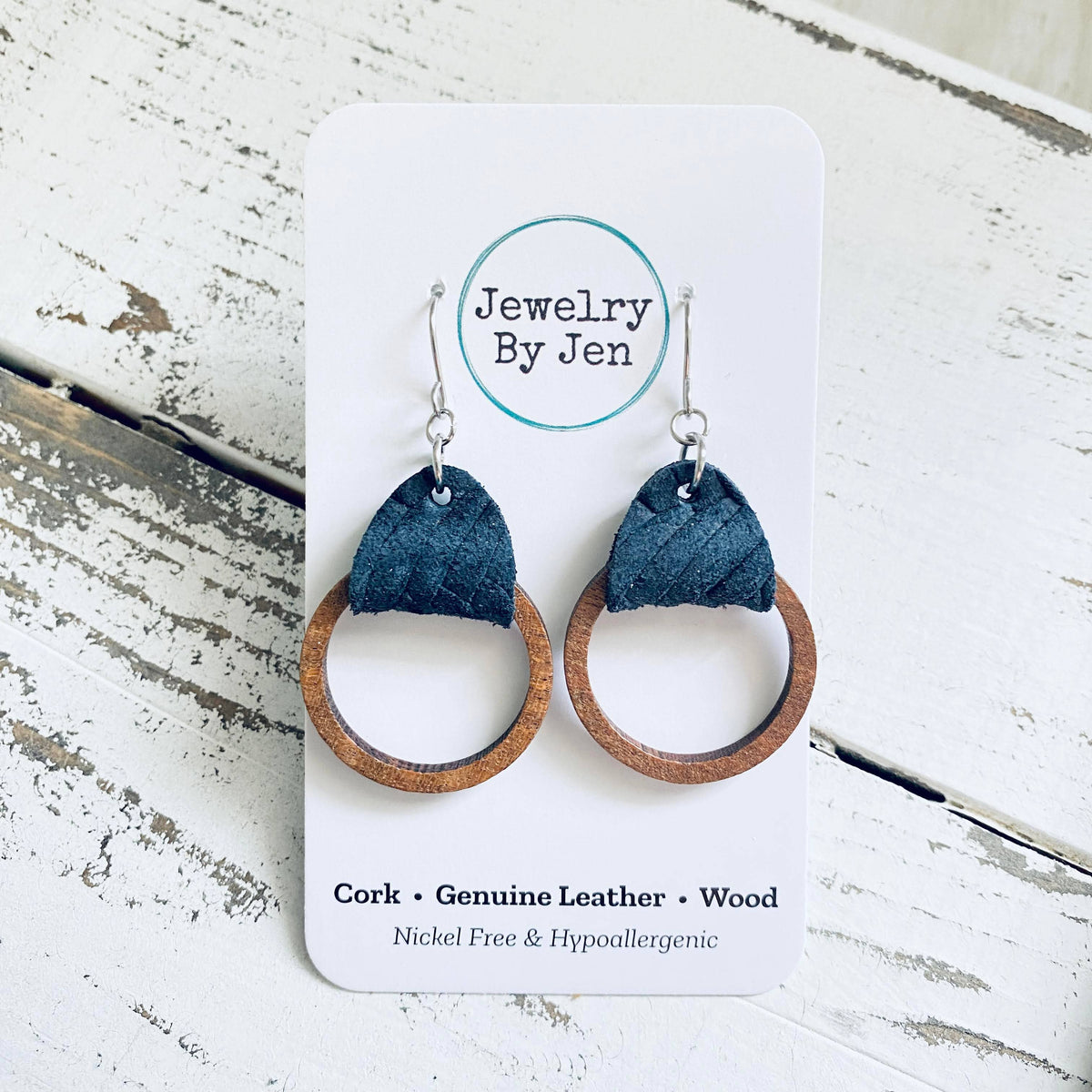 Camden Leather & Wood Hoop Earrings – Genuine Leather, Nickel-Free Hypoallergenic Jewelry