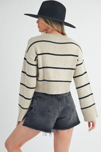 Ainslie Cashmere-Blend Striped Sweater: Oat/Black – Cropped Boxy Fit with Wide Sleeves & Ribbed Trim