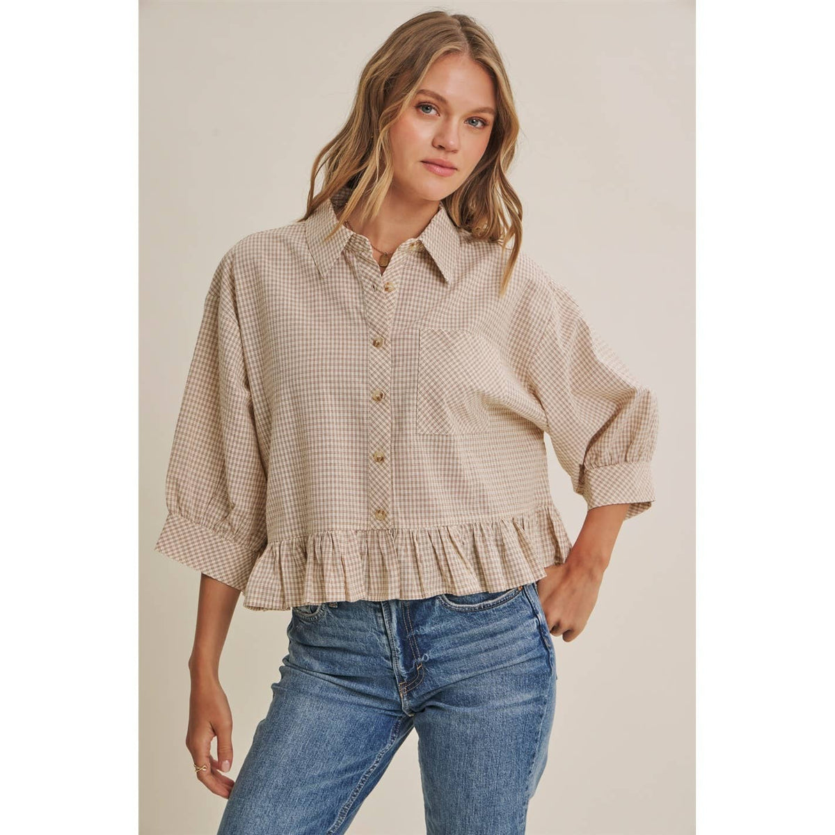 MORNING OAT MICRO CHECK RUFFLE HEM BUTTON-DOWN SHIRT: VANILLA / S