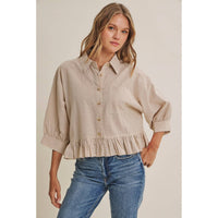 MORNING OAT MICRO CHECK RUFFLE HEM BUTTON-DOWN SHIRT: VANILLA / S
