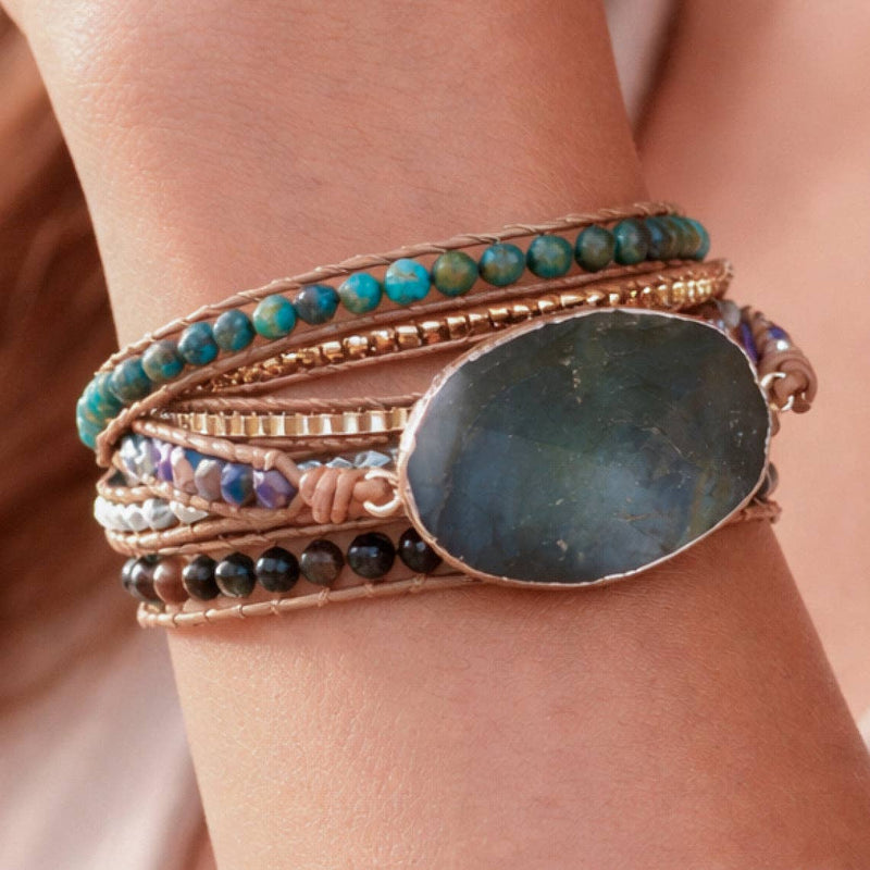 Leather Cord Wrap Bracelet, Healing Stone Bracelet