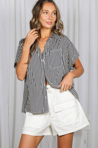 Collared Short Roll-Up Sleeve Button-Down Shirt VT83098: Brown / M