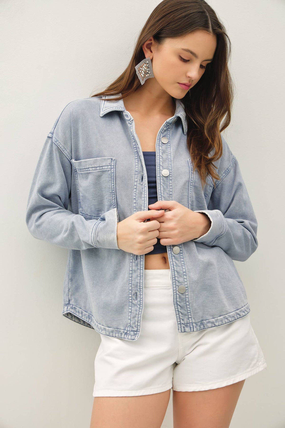 The Mercer Cropped Denim Shacket – Garment Dyed Stretch Shirt Jacket for Women
