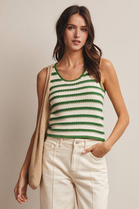 The Poppy Striped Crochet Tank: Green  – Sleeveless Textured Knit Summer Top