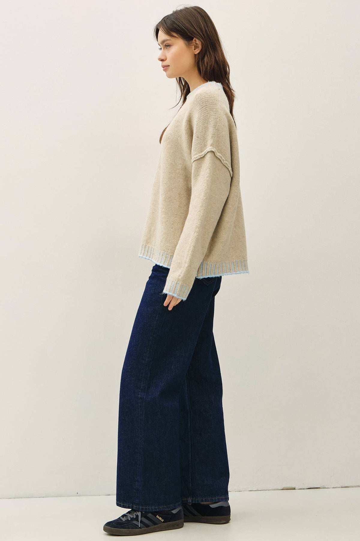 Fine Line Contrast Stitch Sweater: Oatmeal/ Ice Blue