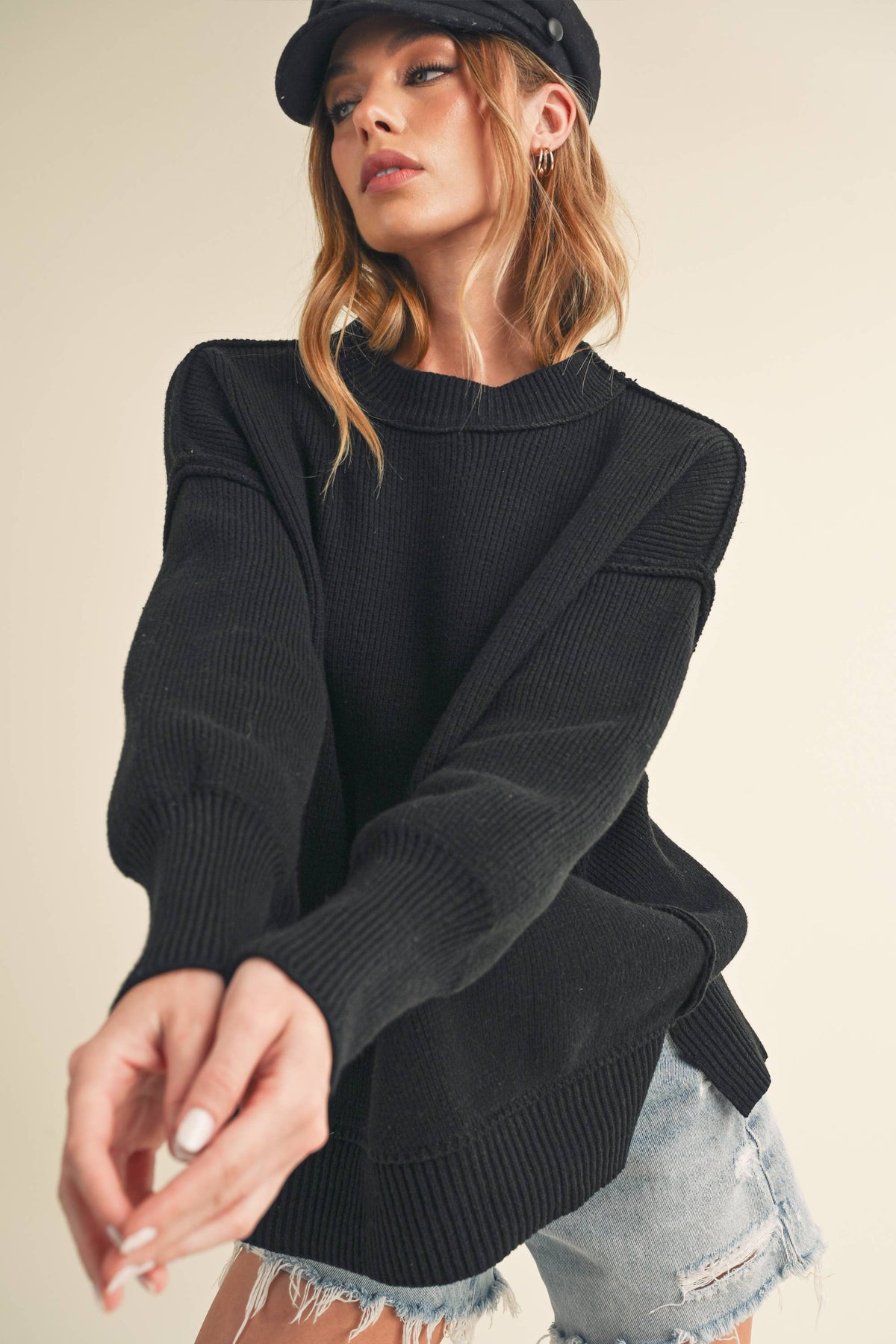 The Ina Slouch Knit Pullover – Exposed Seam Oversized Sweater (Black • Pearl • Olive)
