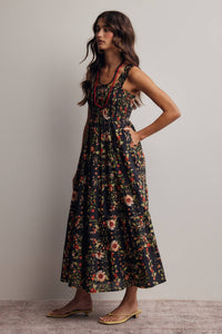 The Meadow Breeze Smocked Midi Dress: Black – Cotton Tiered Boho Dress with Pockets