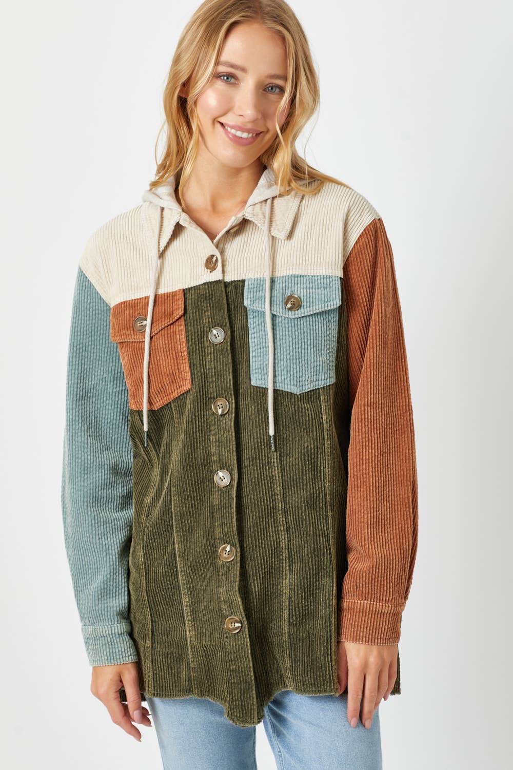 Sadie Color Block Corduroy Hoodie Shacket – Washed Button Down Hi-Low Hem