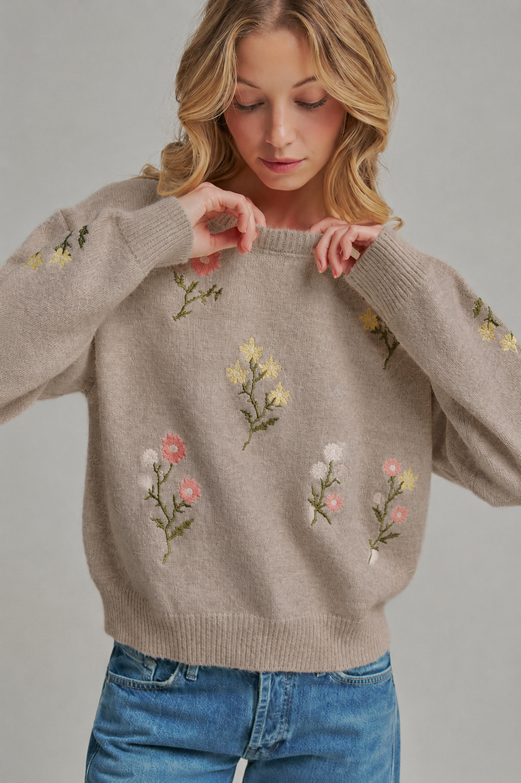 Pressed Flowers Embroidered Sweater: Taupe
