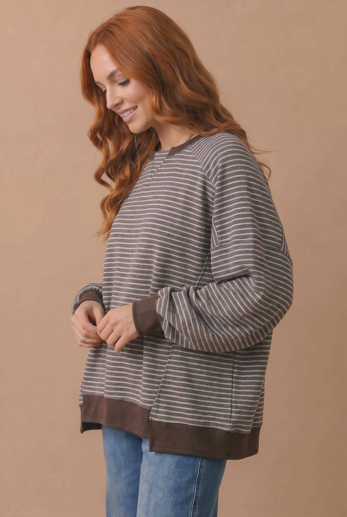 The Plot Twist Stripe Pullover: Brown/ Grey Stripe