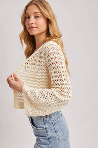 Ivory Crochet Button Front Cardigan: Ecru