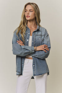 Maren Embroidered Denim Button-Up Shacket: Medium Wash