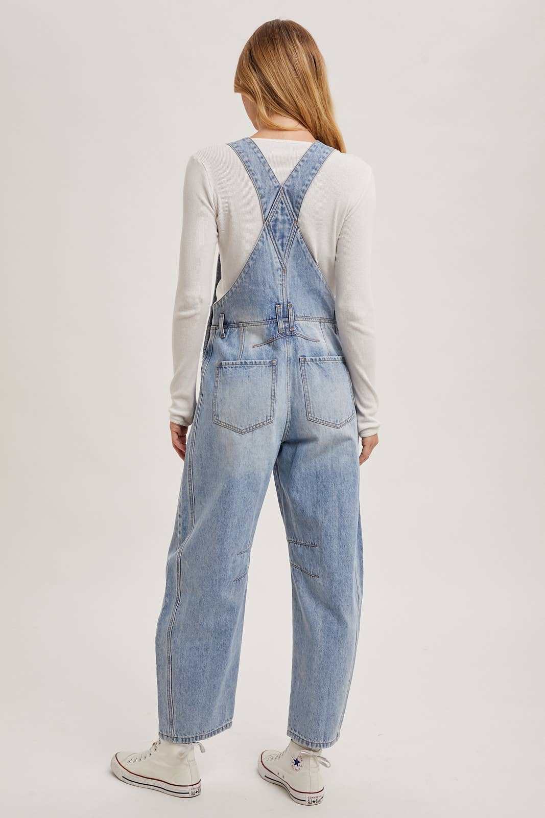 Juniper Barrel Leg Denim Overalls – Vintage Medium Wash Barrel-Leg Overalls with Adjustable Straps