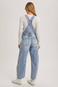 Juniper Barrel Leg Denim Overalls – Vintage Medium Wash Barrel-Leg Overalls with Adjustable Straps