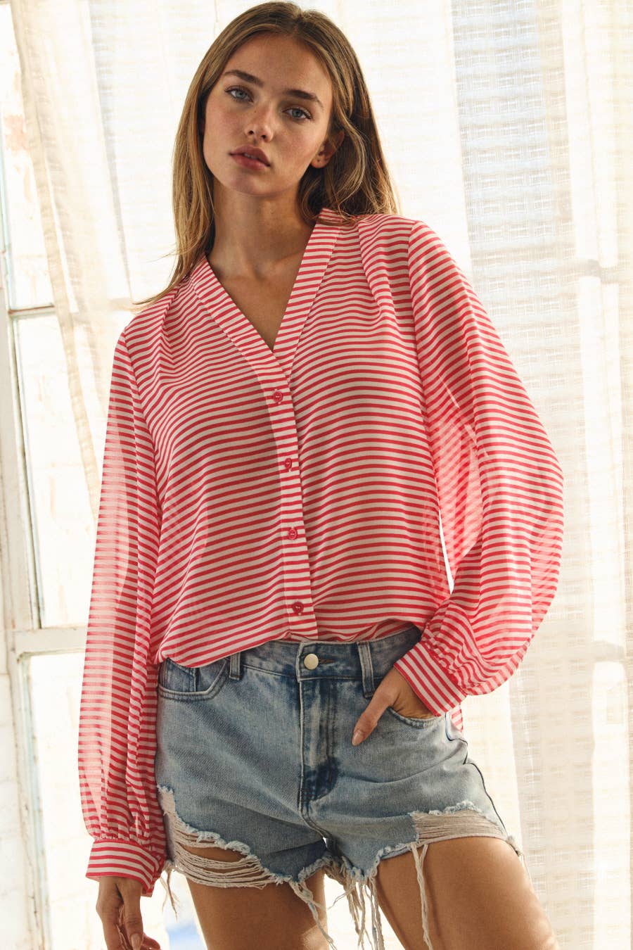 The Hadley Striped Blouse: Hot Pink Stripe – Lightweight Button Front Relaxed Fit Top