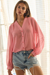 The Hadley Striped Blouse: Hot Pink Stripe – Lightweight Button Front Relaxed Fit Top