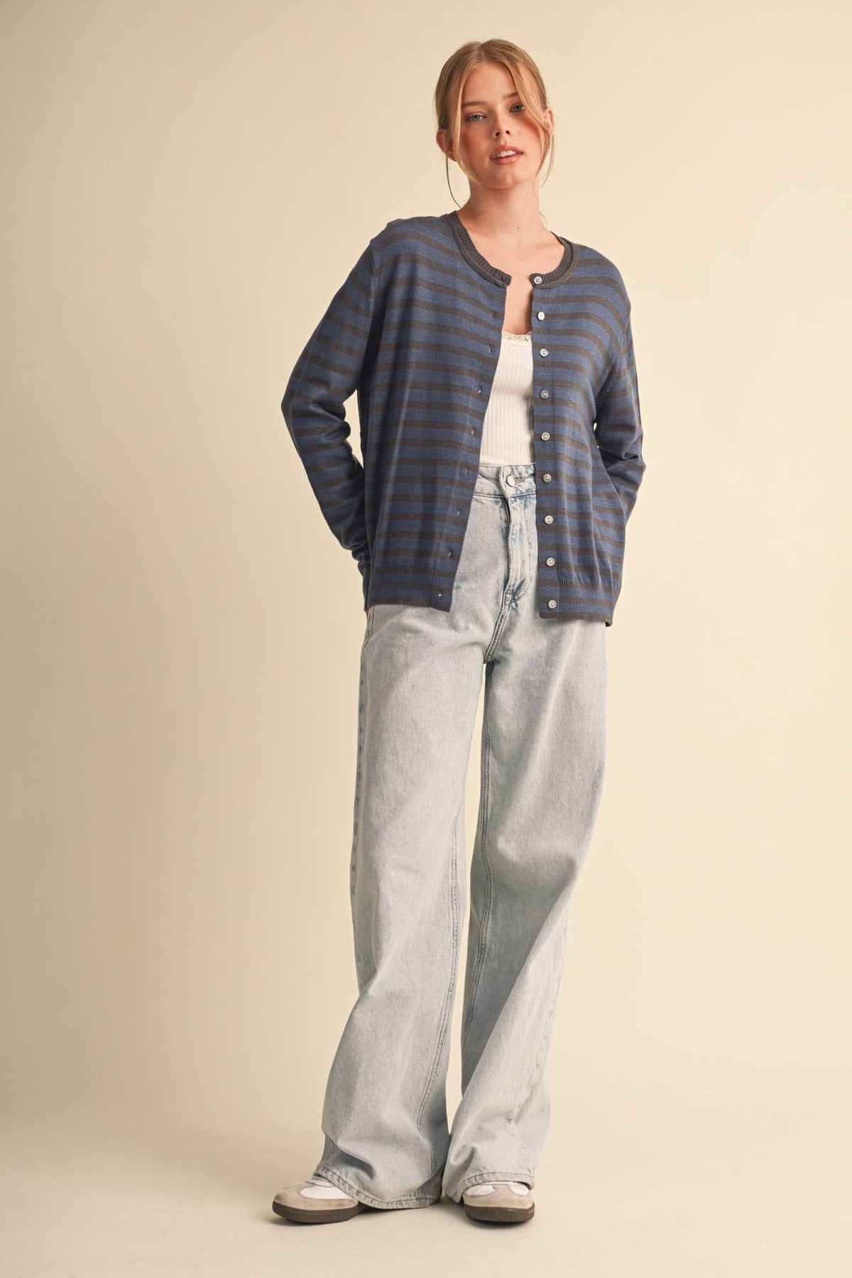 Just Between Us Stripe Cardigan: Denim/Charcoal