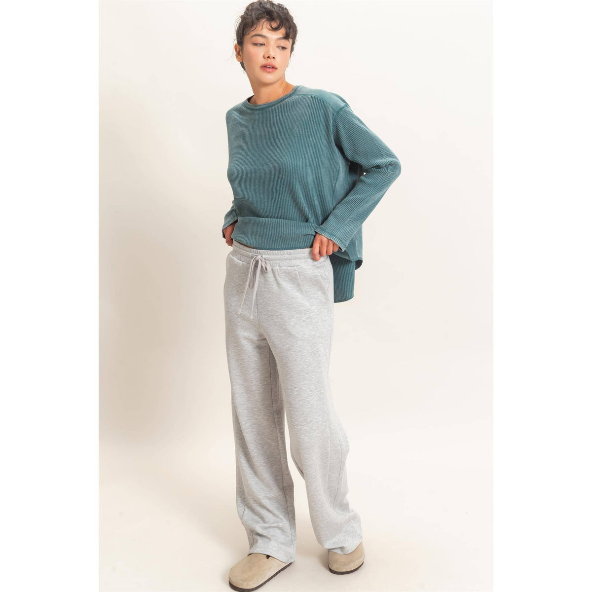 Slow Mornings Waffle Knit Top: Cream Taupe