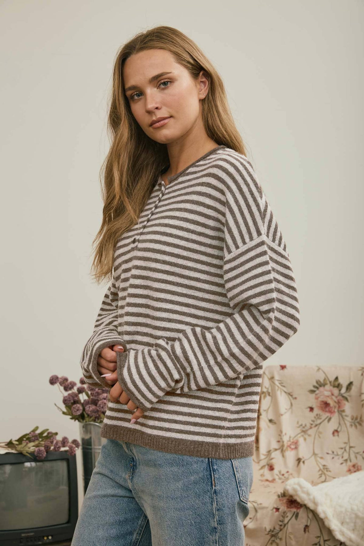 Coffee Run Stripe Henley Sweater: Mocha