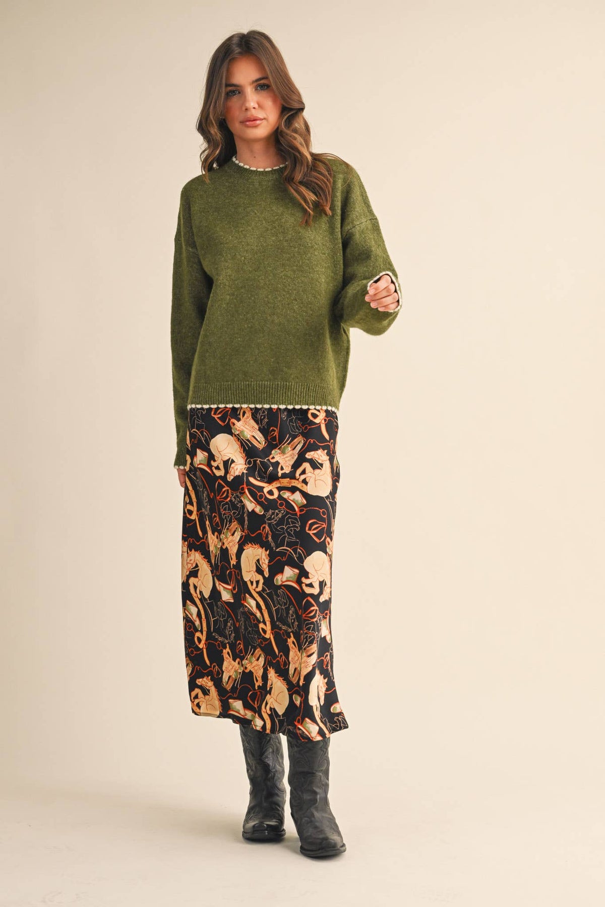 The Bria Scalloped Edge Sweater – Women’s Contrast Trim Knit Pullover, Heathered Drop Shoulder Sweater Top