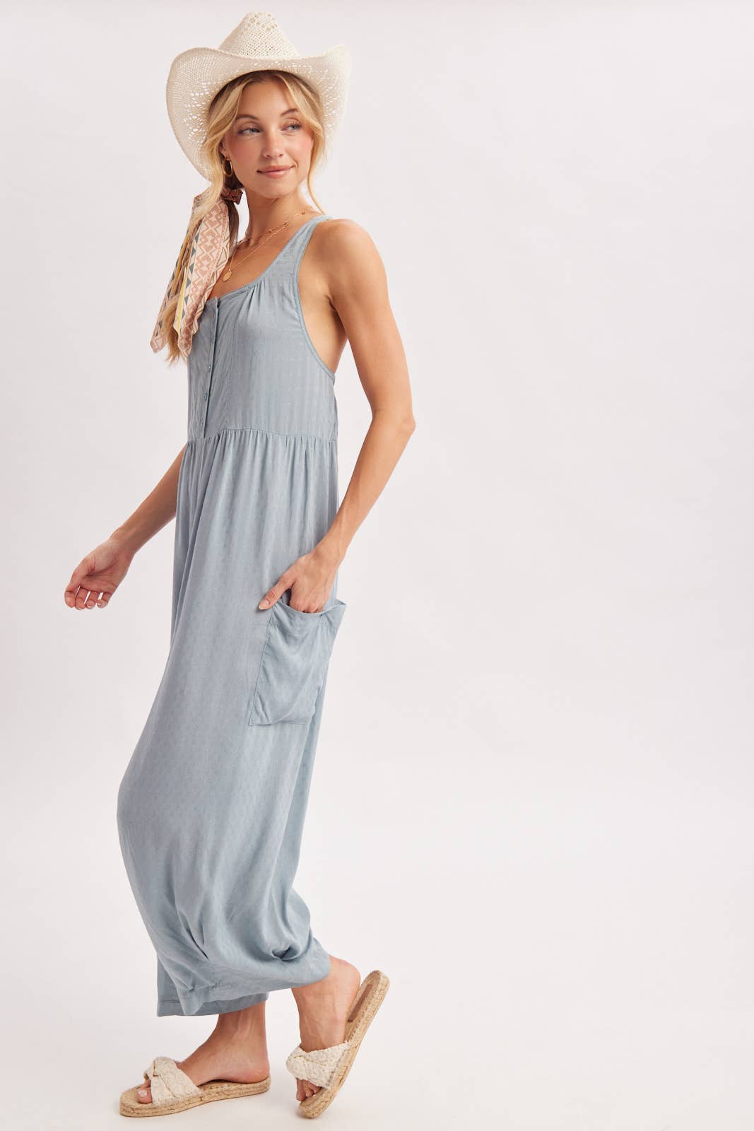 Easy Breeze Button Front Jumpsuit: Coastal Blue