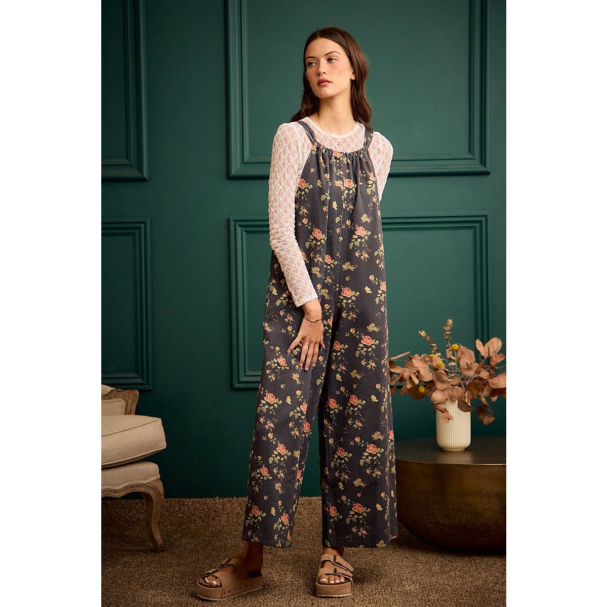 Rosewood Floral Wide Leg Overall Jumpsuit