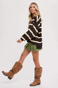 Nikki Striped Color Block Sweater: Mocha Combo