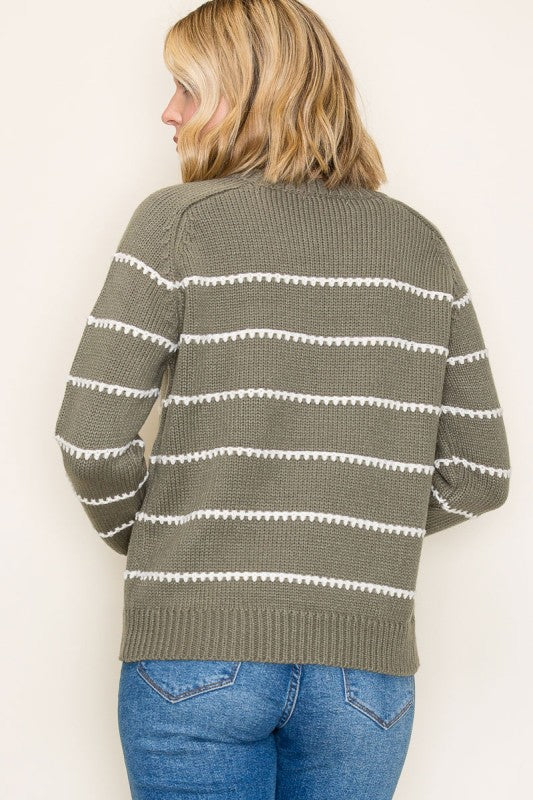 Rosalind Striped Crew Neck Pullover Sweater – Cozy Long Sleeve Knit Top