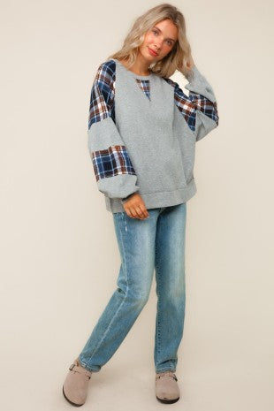 Oaklyn Patchwork Plaid Sleeve Pullover – Mixed Fabric Casual Sweatshirt Top