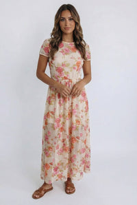 The Eliza Bloom Mesh Midi Dress: Oatmeal/Multi