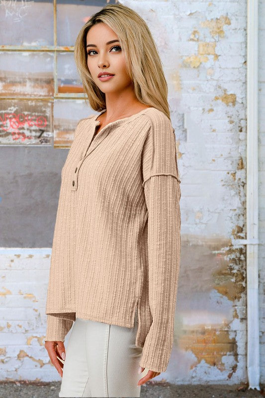 Marlowe Button Front High Low Long Sleeve Top: Oatmeal