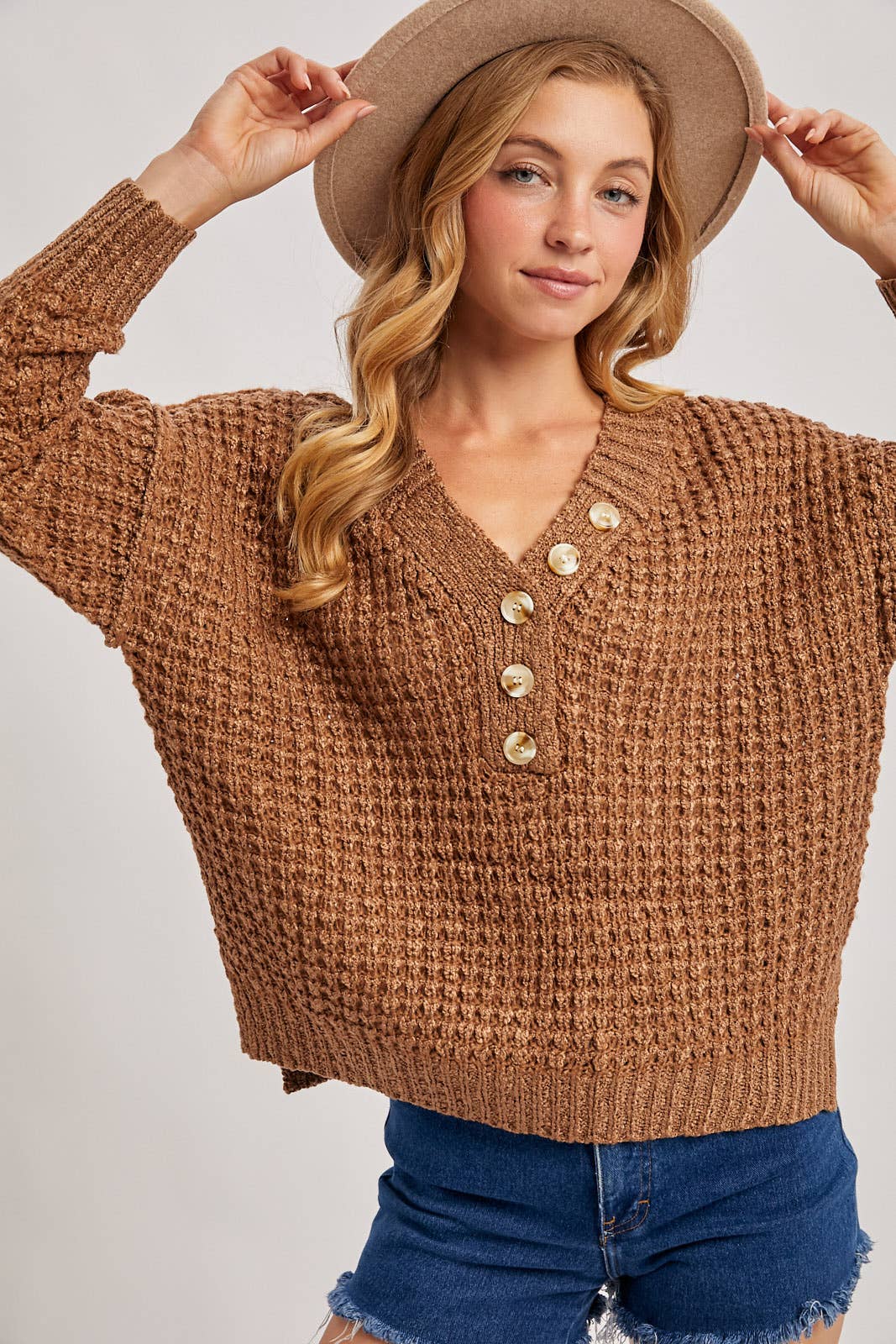 THERMAL HENELY SWEATER TOP: BEIGE / M/L