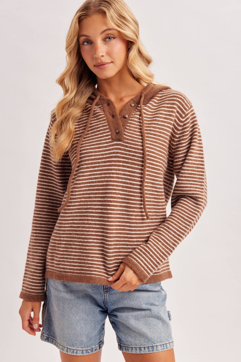 Off the Clock Striped Sweater Hoodie: Cocoa/Cream
