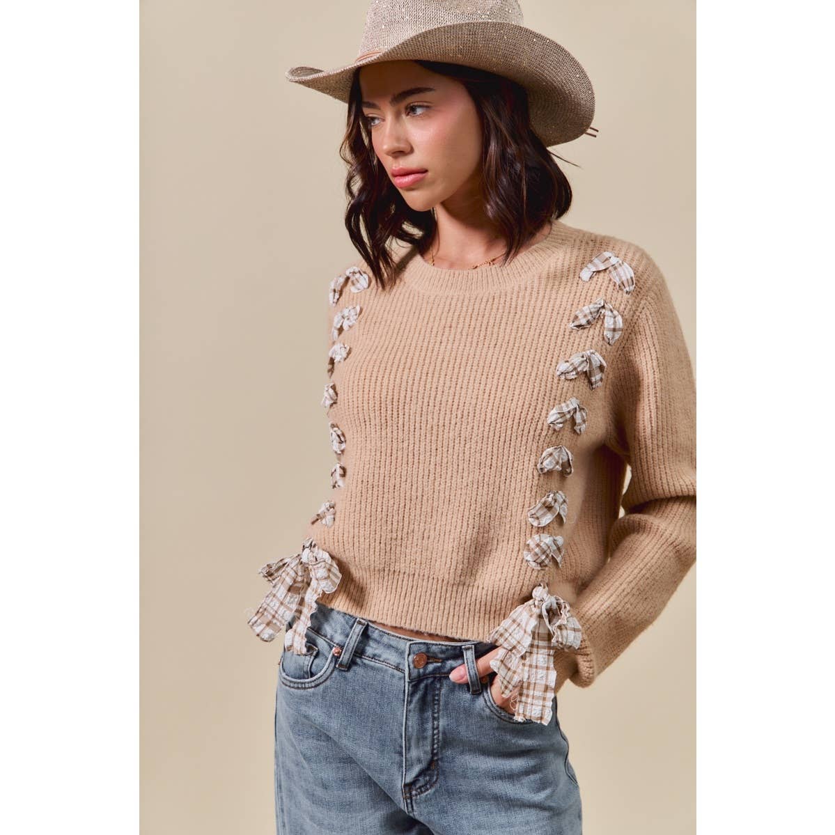 Harper Plaid Bow Detail Sweater: Taupe