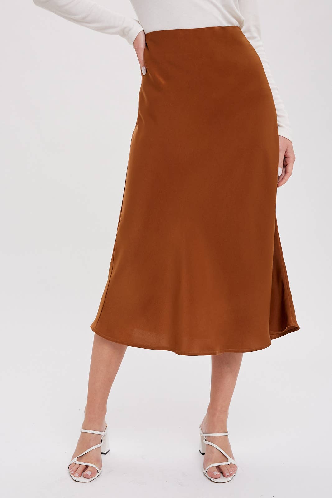 Emmersyn Satin Midi Skirt: Camel