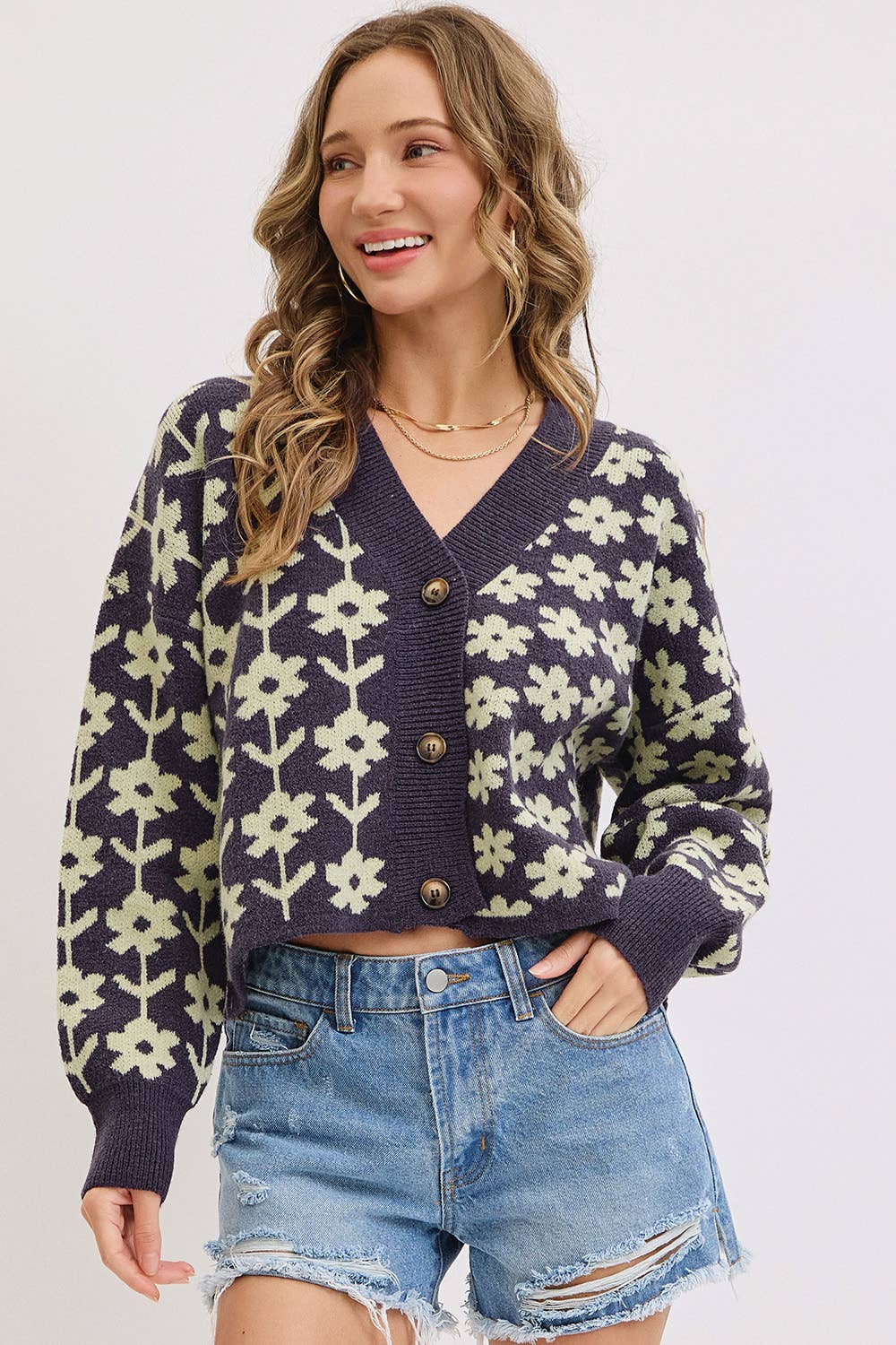 The Soleil Bold Floral Cardigan: Navy – Cropped V-Neck Boxy Sweater
